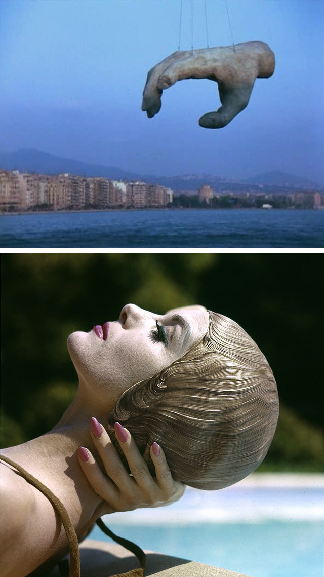 Top, screen capture from Topio stin omichli [Landscape in the Mist], 1988, directed by Theo Angelopoulos. Via. Bottom, photograph by Tom Palumbo, Anne St. Marie, 1958, editorial for Saks. Via.
RIP Monsieur Angelopoulos.