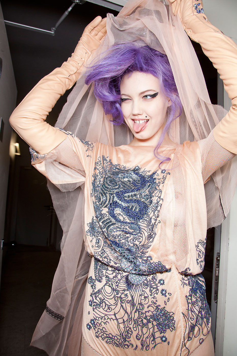 suicideblonde:  Lindsey Wixson backstage at Jean Paul Gaultier Couture Spring 2012