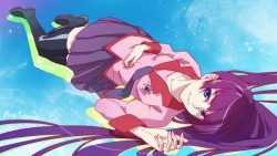 shy-azusa:  1girl bakemonogatari banysun black legwear blue eyes long hair lying on side purple hair school uniform senjougahara hitagi skirt smile solo thighhighs 