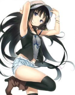 shy-azusa:  1girl adjusting hat armpits arms up belt black hair black legwear boku wa tomodachi ga sukunai boots bracelet buriki crescent denim hat highres jewelry long hair looking at viewer midriff mikazuki yozora navel necklace purple eyes shorts simpl