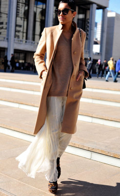 styletrove:  How to combine the pleated maxi skirt + camel coat. 