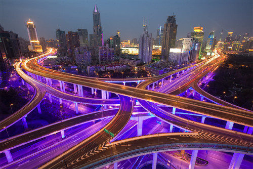 by arndalarm on Flickr.Night view of intersecting highways in Shanghai, China.