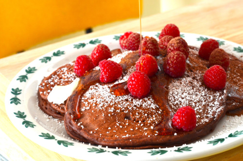 delishytown:Chocolate PancakesThis was our delicious breakfast today. I used a basic pancake recipe,