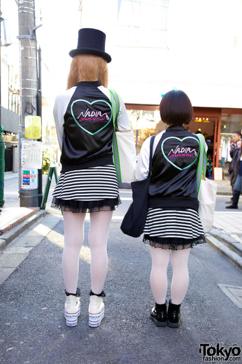 Japanese girls w/ matching satin jackets from Nadia Harajuku.