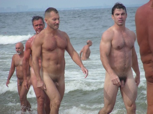 Natural naked men at the beach