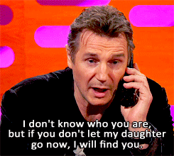 Liam Neeson recording a voicemail message for a fan.