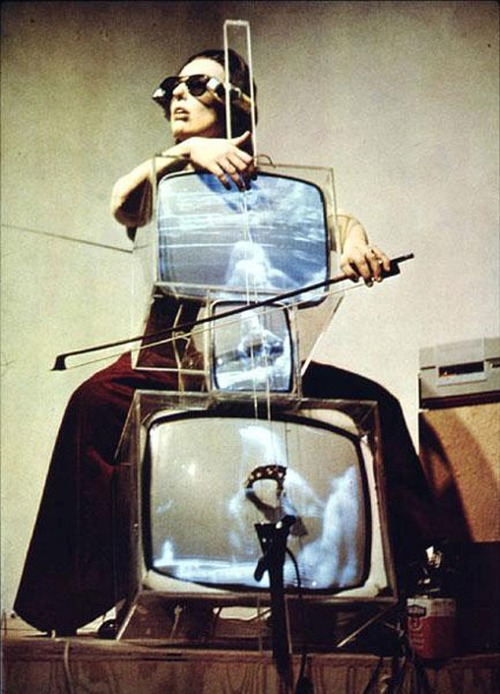 ymutate:  NAM JUNE PAIK, TV Cello, 1967-1996 Mixed media 48.5 x 18.5 x 21 inches, found here 