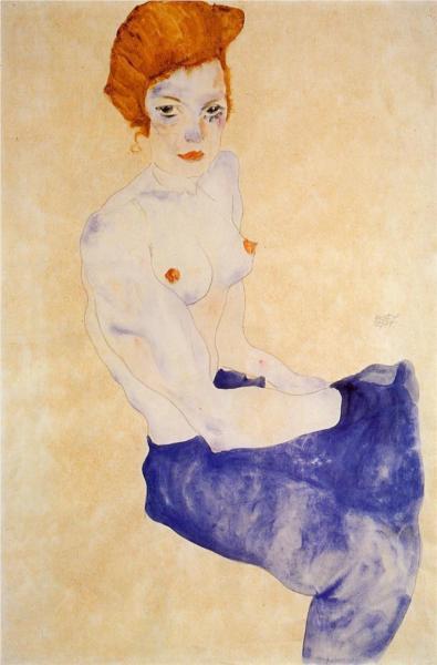 Egon Schiele, Seated Girl with Bare Torso and Light Blue Skirt