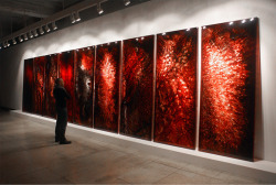 7knotwind:  JORDAN EAGLESBAR 1-9 | 2009 | 8’ x 32’ overall | Blood preserved on plexiglass, UV resin | Right side viewThe multi layers of blood and resin used to create this work, some which can be up to three inches thick, allow onlookers to delve