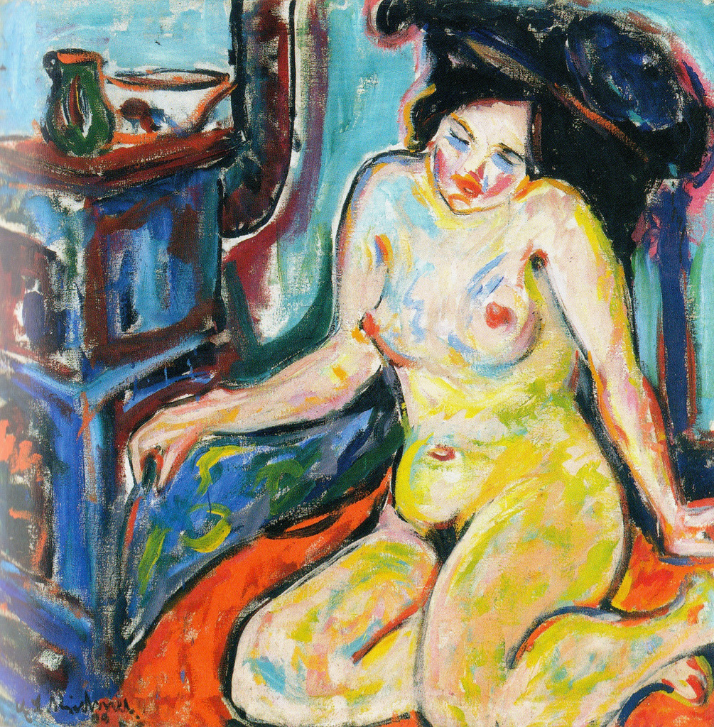 art-mirrors-art:  Ernst Ludwig Kirchner - Seated Nude on Orange Plaid (1909) 