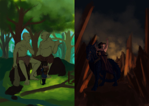 Two current WIPs, a traveller asking some trolls for directions, and a demon lady sorceress on her d