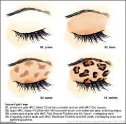 drugstoreprincess:  So many people ask me how to do leopard-print eyes… here you go!   Other ways to work it: +  Use a bright base color! +  Put spots only at the outer corner +  Go all-out and bring them all the way up your temples. 