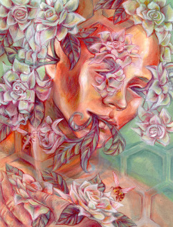 caitlynkurilich:  “Périanthe” Acrylic &amp; colored pencil, 2012 This is a project for my color theory class! I’m trying to experiment with different concepts, and this one was heavily inspired by one of my favorite artists, Marco Mazzoni.  