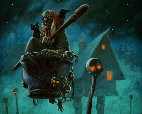 scarytale:In Russian tales, Baba Yaga is portrayed as a hag who flies through the air in a mortar, u