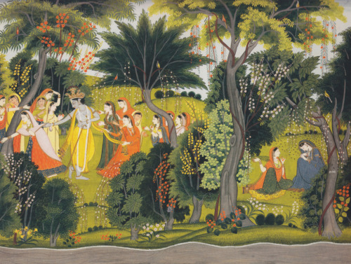 vintageindia:  Krishna flirting with the Gopis, to Radhas sorrow - Kangra Painting [ Himalayan ] 176