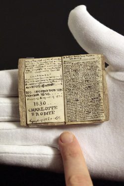 nparts:  Museum unveils Bronte’s teeny tiny early work A manuscript by British author Charlotte Brontë that fits comfortably into the palm of a hand that fetched 691,000 pounds (ũ.1 million) at a Sotheby’s auction in December, more than twice the