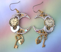 Steampunkfinds:  Trinket Moon Earrings. Made From Upcycled Components. 