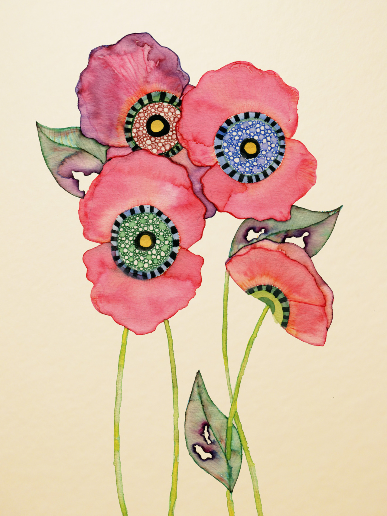 Pink Poppies - Wildlife in Inks & Watercolours by Colleen Parker