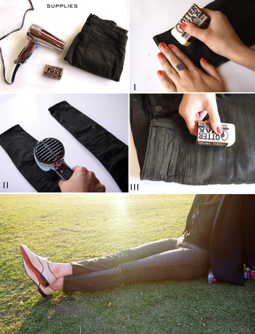 DIY Waxed Skinny Jeans (DIY on top, pay a lot on bottom). Super easy, durable and cheap way to get t