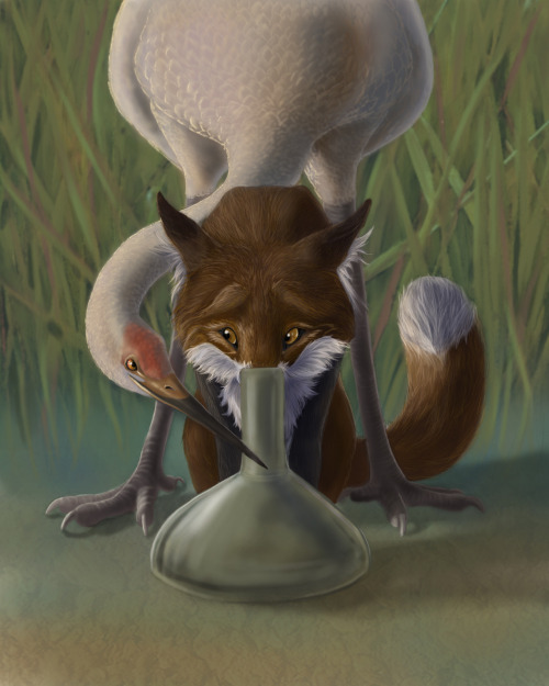 Illustration of the Fox and the Crane fable. 