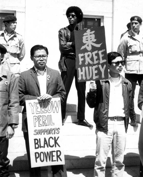 dregsone:  black history month. yellow peril, brown berets, and black panthers protesting outside a courthouse where huey p. newton was being tried. a beautiful example of different cultures coming together for change.