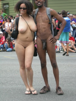 nudistlifestyle:  Large breasted nudist and partner !  hitting the street