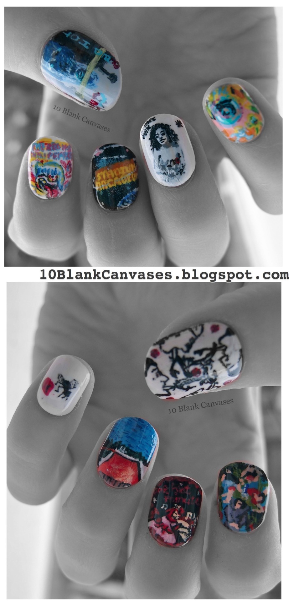 Painted Claws - Red Hot Chili Pepper album art nails…
“This set of my nails is a homage to one of my favourite bands - The Red Hot Chili Peppers. In honour of their 10th studio album I painted all their album artwork onto a set of false nails using...