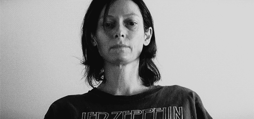 enredosyduraznos:  This is Tilda Swinton and she has a Led Zeppelin shirt on.