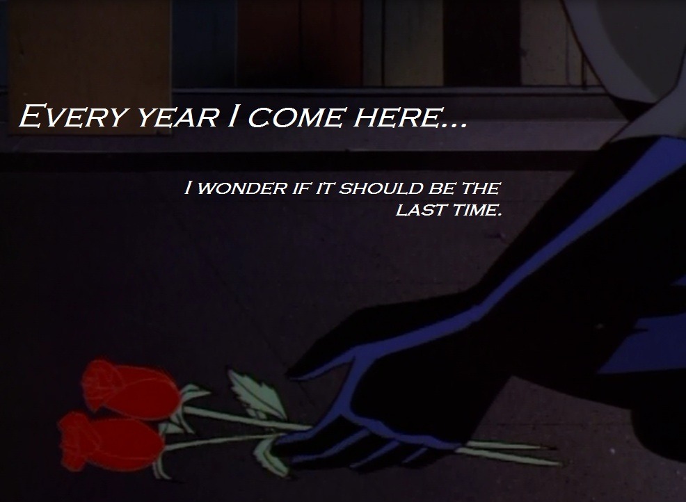Batman and Robin — Batman lays down two red roses in Crime Alley, an...