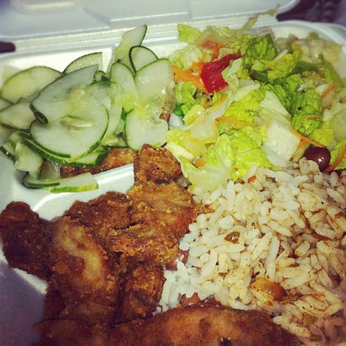 fuckyeahbarbados: A typical Bajan lunch.  Fish. Rice &amp; Peas. Pickled cucumber. Garden salad. 