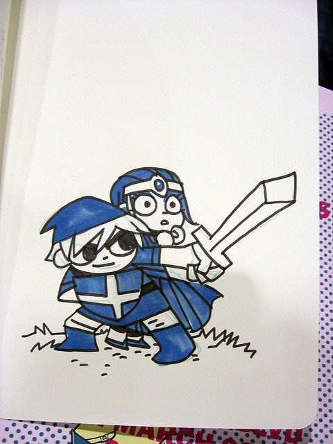 Bryan Lee O’Malley gave his Scott Pilgrim & Ramona Flowers characters a rad Legend of Zelda themed sketch while at HeroesCon back in 2008.
Scott as Link and Ramona as Zelda by Bryan Lee O’Malley  (Flickr) (Twitter)
Via: radiomaru