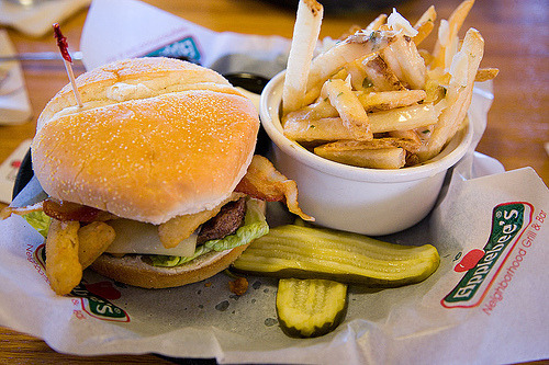 Applebee’s Bacon Cheeseburger with Fries and Pickles