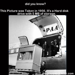 did-you-kno:  In September 1956, IBM launched the 305 RAMAC, the first ‘SUPER’  computer with a hard disk drive (HDD). The HDD weighed over a ton and  stored 5 MB of data. Source lol really Super 