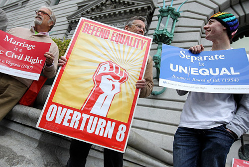 latimes:
“ Gay-marriage ban unconstitutional, court rules
Photo: Opponents of Prop. 8 demonstrate outside of the U.S. 9th Circuit Court of Appeals on Tuesday in San Francisco. Credit: Justin Sullivan / Getty Images
”