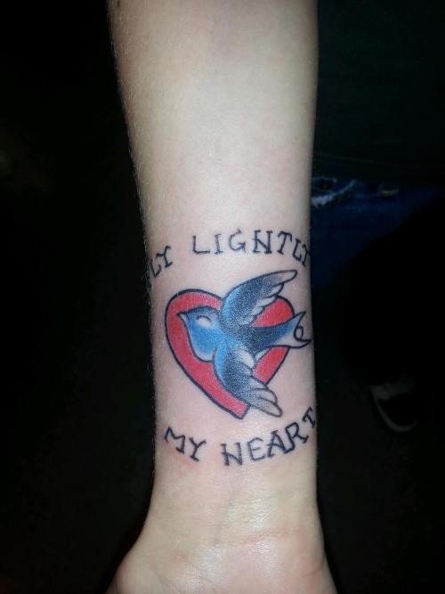 fuckyeahtattoos:  “Fly Lightly My Heart” A Sailor Jerry style tattoo. My 14th tattoo. I 