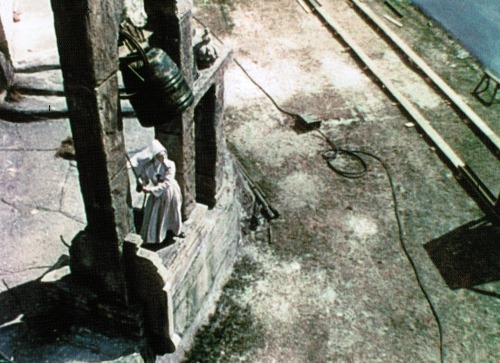 oldhollywood:  Above, the bell ringing scene in Black Narcissus (1947, dir. Michael Powell & Emeric Pressburger) as shot on the studio lot; below, the final scene with the addition of Walter Percer Day’s glass matte painting of the Himalayas.