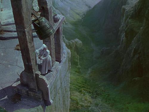 oldhollywood:  Above, the bell ringing scene in Black Narcissus (1947, dir. Michael Powell & Emeric Pressburger) as shot on the studio lot; below, the final scene with the addition of Walter Percer Day’s glass matte painting of the Himalayas.