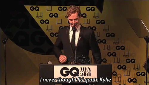 cumberchameleon:though-do-infact-shut-up:Benedict Cumberbatch quoting Kylie Minogue in his GQ Actor 