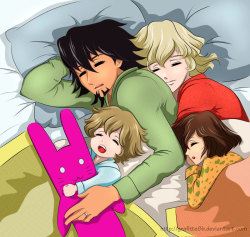 secretfruit:  One more request from Livejournal: Barnaby and Kotetsu cuddling. Somehow this ended up being a collective cuddling… Tiger, Bunny, their love child (no, have no idea how they produced one XD ) and Kaede.