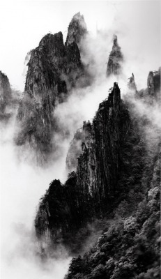 xvoluspa:  18 Disciples of Buddha down mountain ridges, taken at Dawn Pavillion, May 1984, 3 PM — Wang Wusheng 