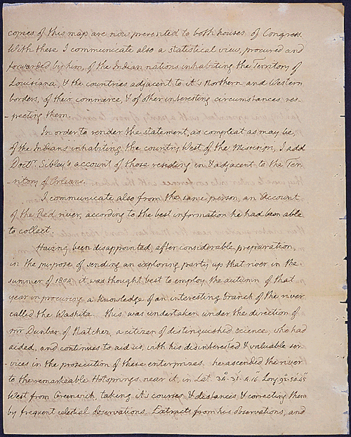 President Thomas Jefferson’s message to Congress communicating the discoveries of the explorers Lewis and Clark, 02/19/1806
Three years earlier President Jefferson had approached Congress via secret message to request funding for the expedition.