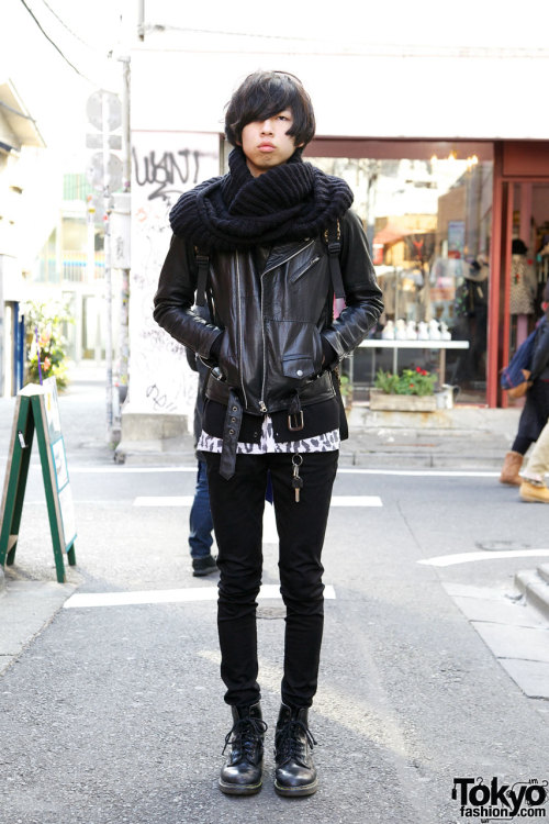 Cool 19-year-old Japanese guy wearing a leather jacket, skinny jeans &amp; Docs in Harajuku.