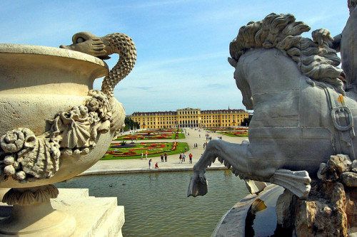 by Tobi_2008 on Flickr. Schönbrunn Palace seen from the Neptune Fountain in Vienna, Austria.