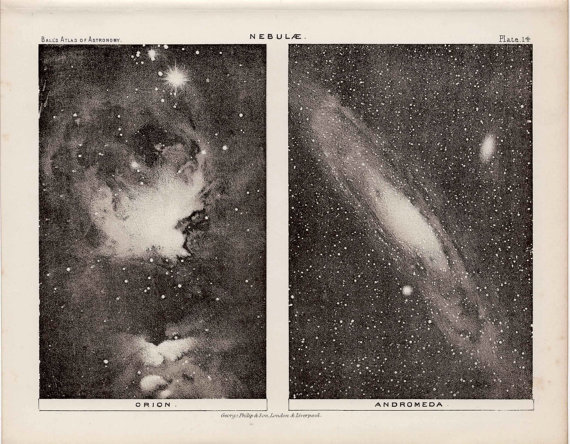 dolentia:  1892, orion andromeda print celestial star map original antique print