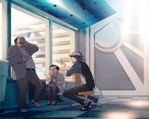 [Image: Art of Kotetsu, Saito, and Ben all hanging out together in front of a bay window. Kotetsu is