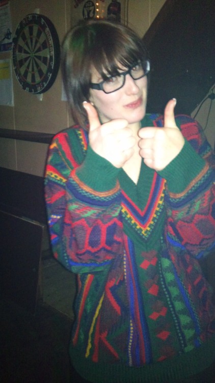 This is my friend wearing a sweater which is apparently a thing? Also I may be kind of drunk. Why am I even on tumblr. I can’t even type properly. ANYWAY. Typing this took like half an hour and I have an editor. WHOOOOOOOOOOOOOOOO