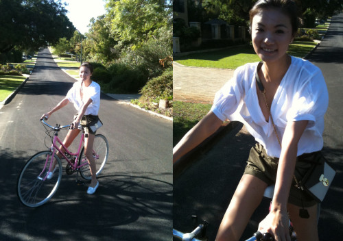 delightfulcycles: (via Celine Bag, Zara Green Pant, White Shirt //”Summer bike ride” by Sandy Lai //