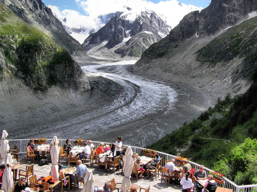 by B℮n on Flickr.Dining at high altitude in French Alps with panoramic view towards Mer de Glace gla