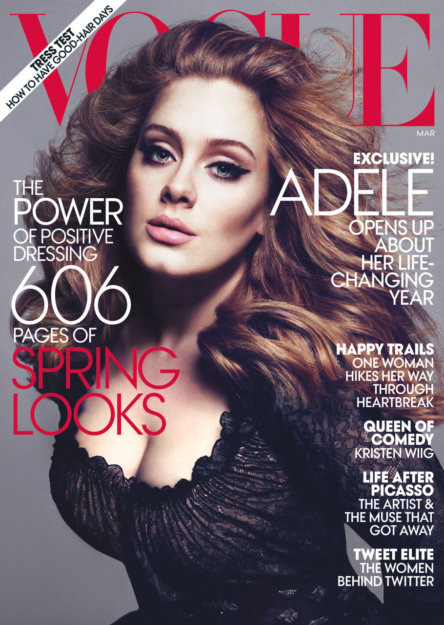 Y al parecer VOGUE ya tenía los resultados de los ganadores de los Grammys por que la portada de Marzo es la multipremiada ADELE!!, digo, esta incre la cosa, pero a veeeeeeeer que obvias!! jajajajaja