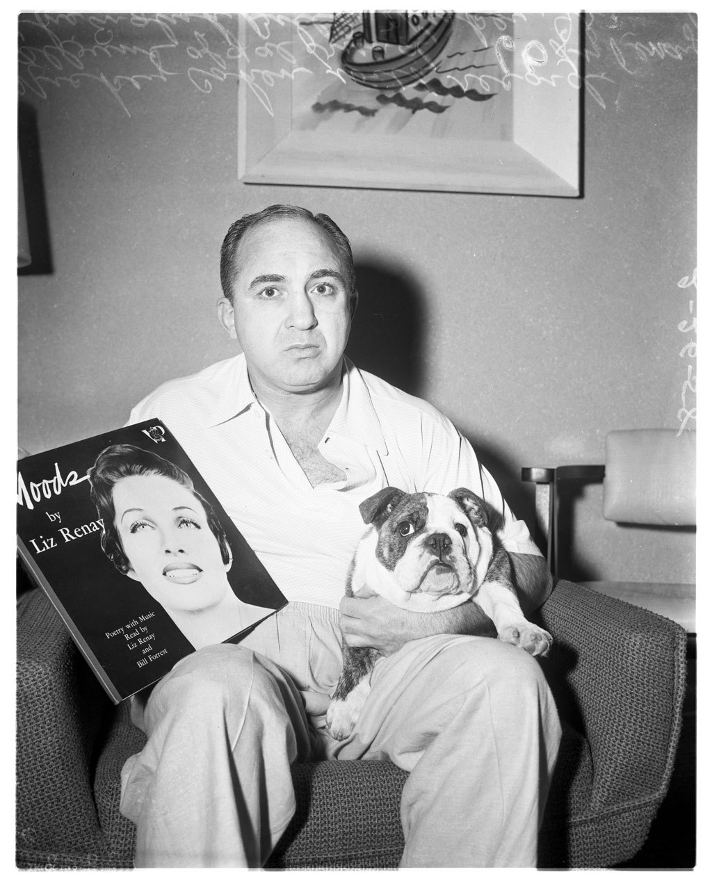 bhof:  Mobster Mickey Cohen poses with girlfriend Liz Renay’s album: &ldquo;Moods&rdquo;;